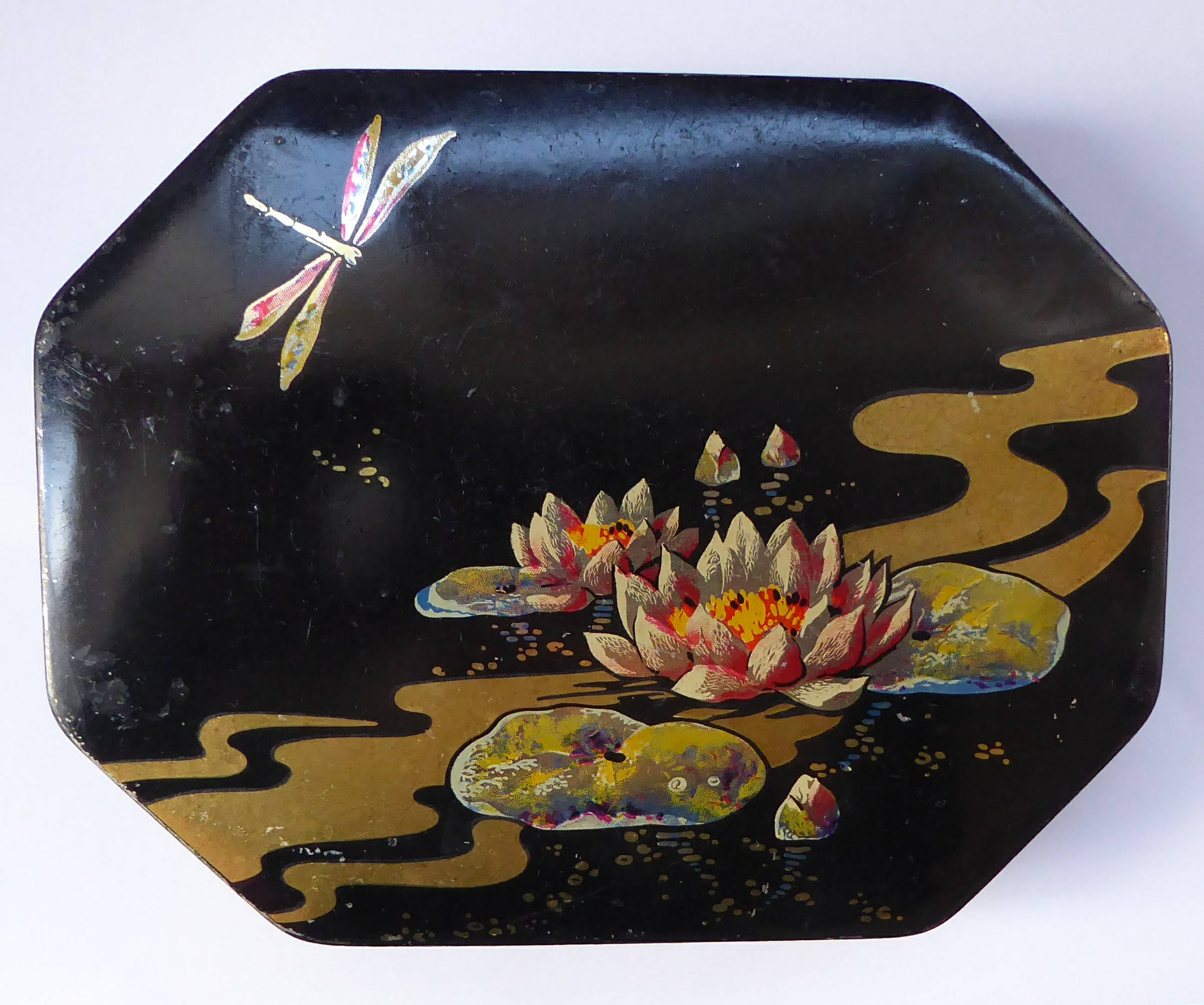 Image of 1920S Early Art Nouveau Toffee Tin By Horner. Lid Decorated With Waterlilies & Dragonfly Motif