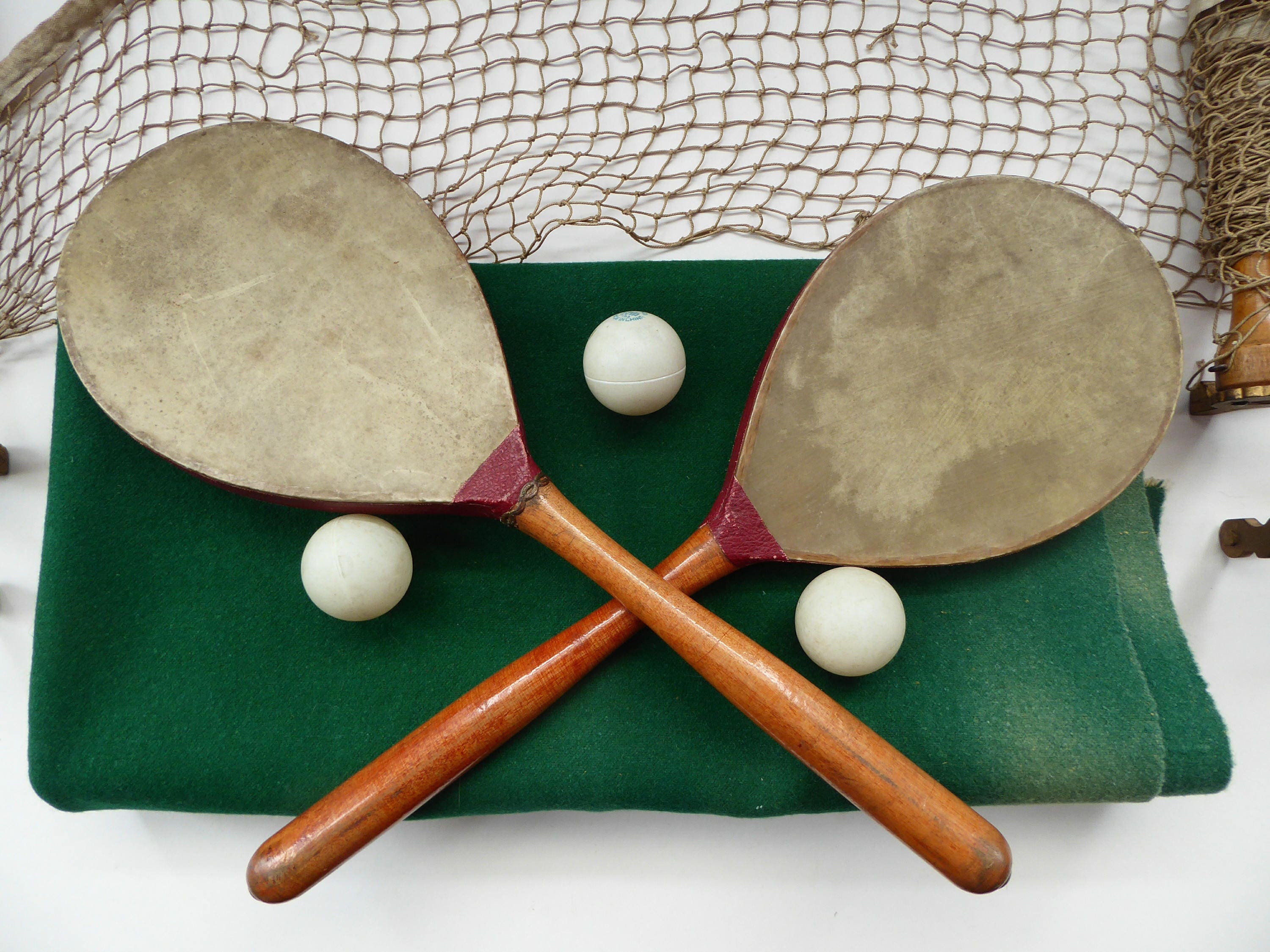 Rare Antique Edwardian Table Tennis Set 2 Ping Pong Bats Wooden