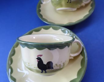 Vintage Zeller COCK AND HENS Pair of Small Espresso Cups and Saucers