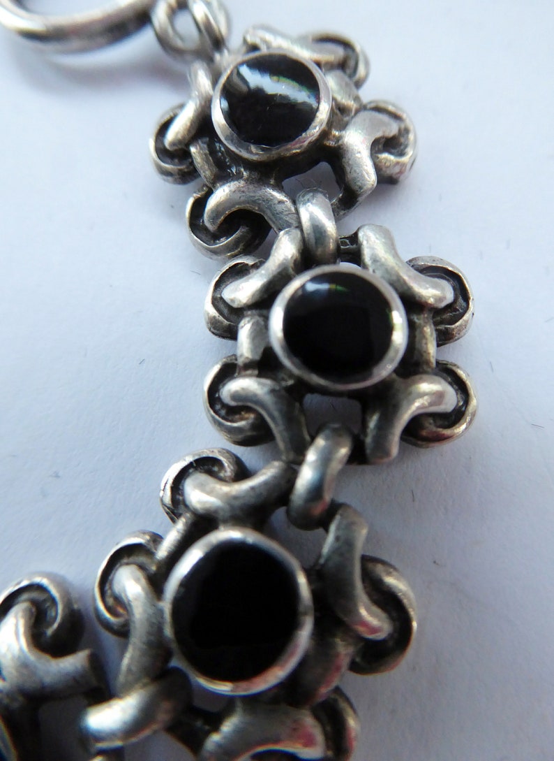 SIGNED; probably Scandinavian Vintage SOLID SILVER Bracelet with Abstract Floral Design /& Black Enamel Details