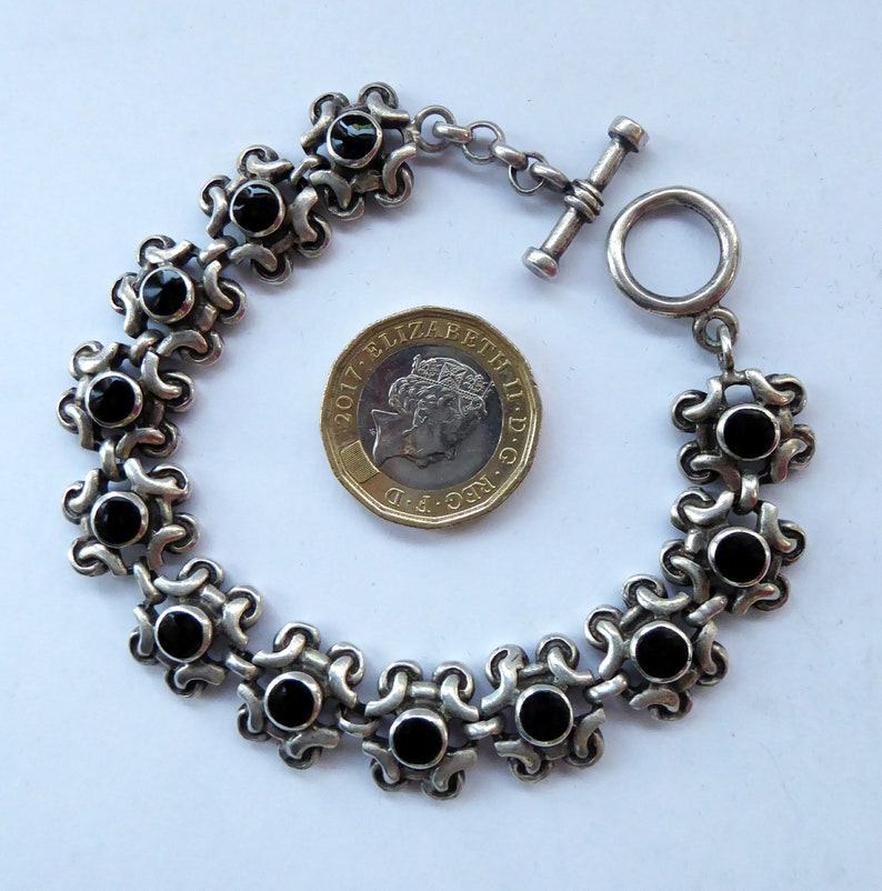 SIGNED; probably Scandinavian Vintage SOLID SILVER Bracelet with Abstract Floral Design /& Black Enamel Details