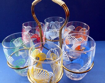 Cute Set of Drinking Glasses or Tumblers. 1950s Atomic Design in Different Colours. Complete with Metal Stand with Carry Handle