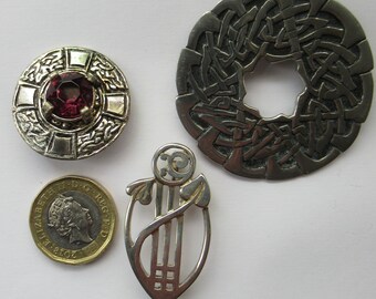 THREE Vintage Costume Jewellery Brooches. One Silver Rennie Macintosh; One St Justin Pewter and One a Miracle Mizpah