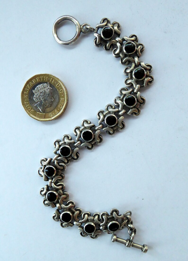 SIGNED; probably Scandinavian Vintage SOLID SILVER Bracelet with Abstract Floral Design /& Black Enamel Details