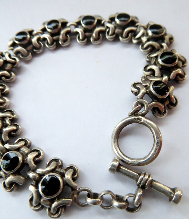 SIGNED; probably Scandinavian Vintage SOLID SILVER Bracelet with Abstract Floral Design /& Black Enamel Details