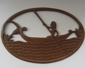 VINTAGE Mid Century Teak Wood Carving / Wall Plaque. Egyptian Man Rowing on Nile Design