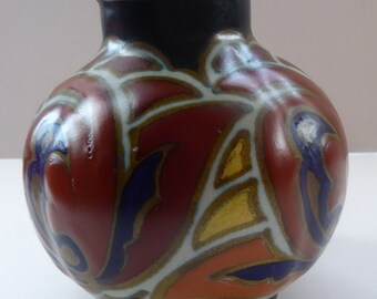 Pretty Art Deco Design. Plazuid Gouda Holland Vase. RARE Verat Pattern; c 1930