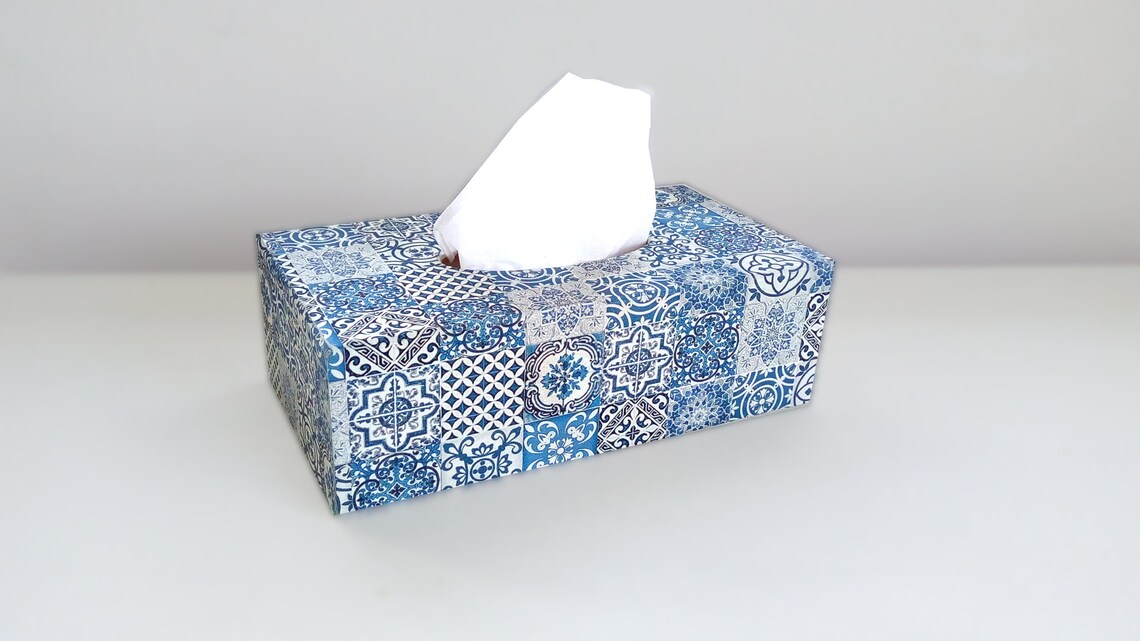 Wooden kleenex box rectangular tissue box blue tiles Etsy