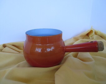 Vintage French Enamel Pot, Enamel Pot, French Pot, French Sauce Pan, Orange Enamelware Pot, French Vintage Pan,
