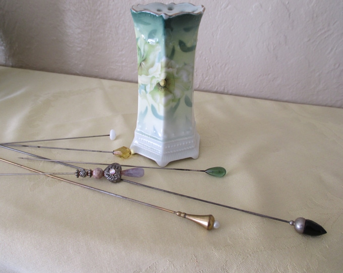 Antique Hat Pin Holder With 6 Antique Hat Pins, RS Germany Early 1900's