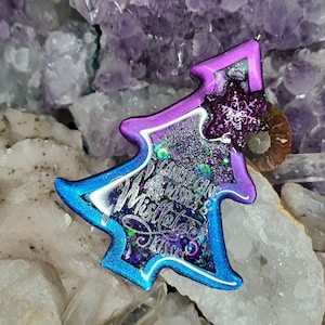 Candy Cane Wishes Blue & Purple Christmas Tree Snowglobe Keyring, Necklace, Pendant, Ornament