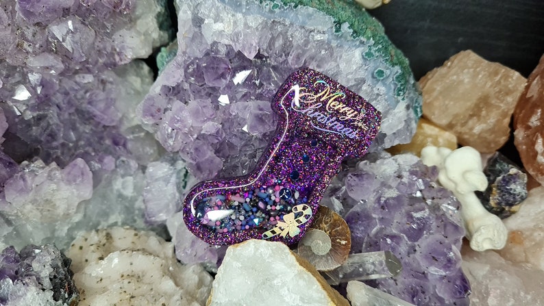 Merry Christmas Glittery Purple Stocking Snowglobe Keyring, Necklace, Pendant, Ornament
