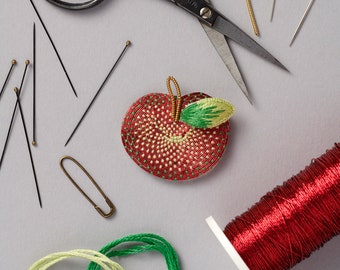 Metalwork Embroidery Apple Brooch