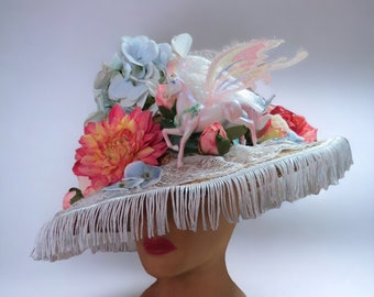 Festive  Hat, Wind Dancers Fairy Winged Small Horse  Bright Colorful flowers Kentucky Derby, Tea Party,  Extravagant straw Hat