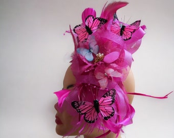 Fascinator Hat, Butterflies Hot Pink Kentucky Derby, Tea Party Hat, Wedding Church Bridal, Easter, Headband or clip,