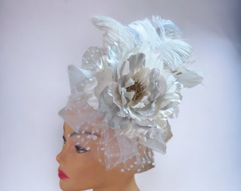 Fascinator Hat, Silver & white, Ostrich Feathers  Kentucky Derby, Tea Party Hat, Wedding Church Bridal, Easter, Headband or clip,