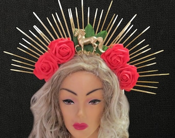 Roses and Horse Crown Hat, Fun and Festive, Horse, Roses, Kentucky Derby, Tea Party,  Gold Crown Derby Day, Equine Headband