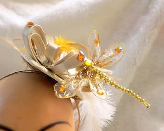 Fascinator Hat Feather Satin, Dragonfly,  Kentucky Derby, Tea Party Hat, Wedding Church Bridal, Easter, Headband or clip, beige gold