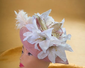 Dusty Rose Fascinator Hat, Ostrich Feather, Kentucky Derby, Tea Party Hat, Wedding Church Bridal, White Lilies Butterfly embellishment