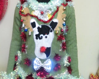 Homemade Funny 3-D Hysterical Cow Spotted Reindeer Tacky Ugly Christmas Sweater Wild Garland  light up Bowtie, Womens