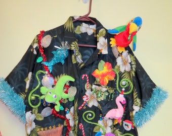 Tropical Tacky Ugly Christmas Sweater Party Hawaiian Shirt, size XL, Tropical Christmas, Flamingo, Hula Dancing Snowman, Funny