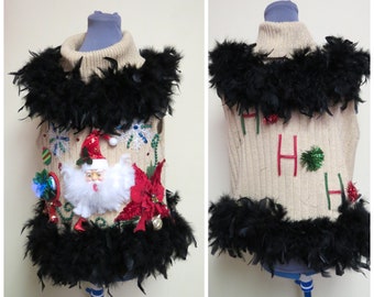 Ohh la..la. Glam Bedazzed Tacky Ugly Christmas Sweater,  Large sweater, Gold Metallic with black feather boa trim, sleeveless