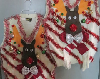 Homemade Custom 3-D Hysterical Reindeer Tacky Ugly Christmas Sweater  VEST  Wild Garland Light UP Mens Womens Vest
