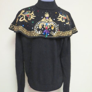 Vintage Beautiful  Festive Bejeweled Bling Christmas Sweater, Ugly Christmas Sweater, Accent on You, size L silk, rayon, angora, blend