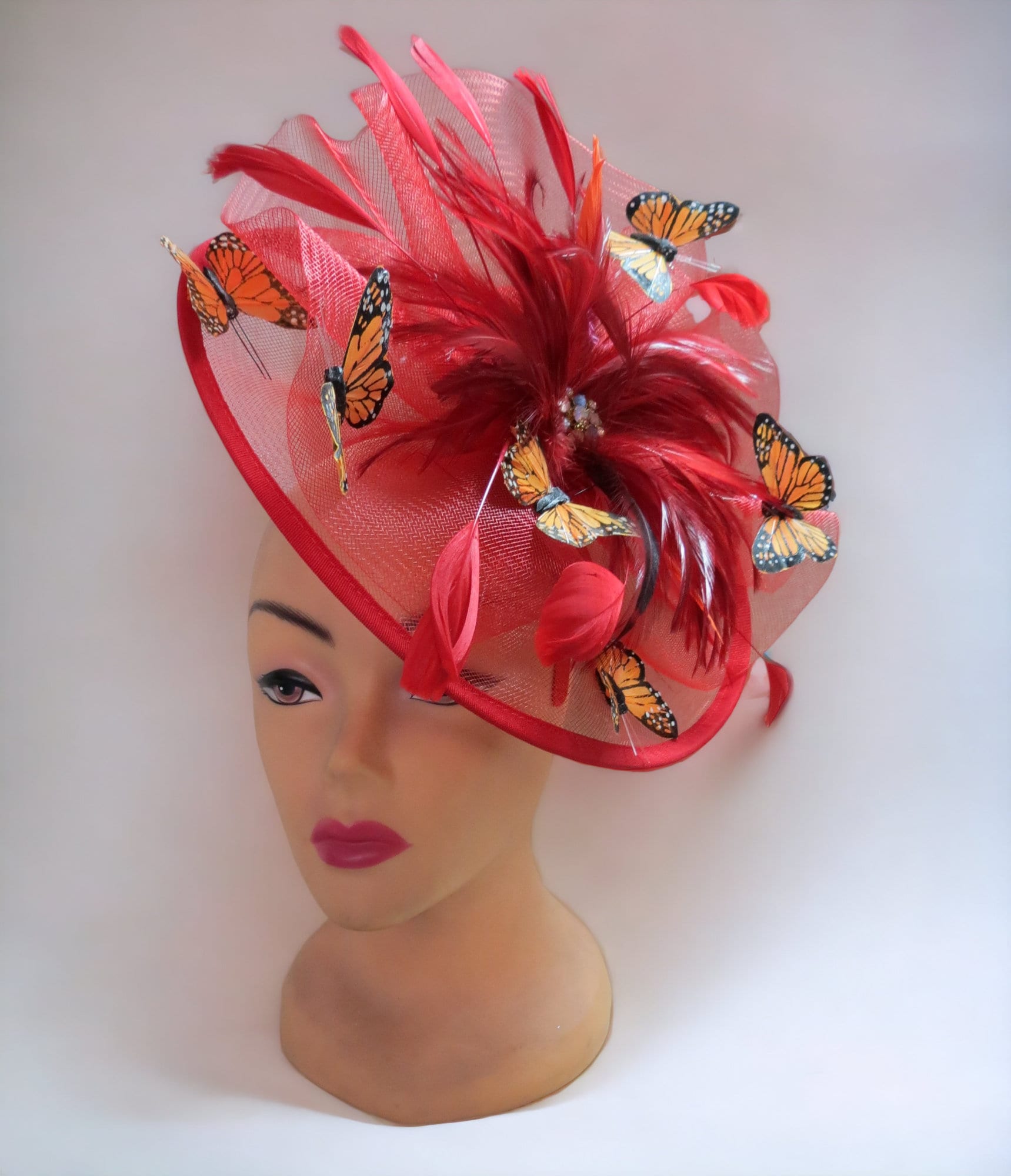 Red Fascinator Hat, Butterflies & Feathers Kentucky Derby 