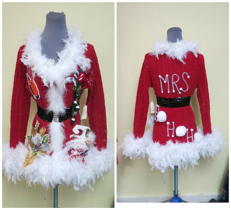 New Ladies Christmas Jumper Day Retro Knitted Tunic Santa Mrs Claus Red Dress