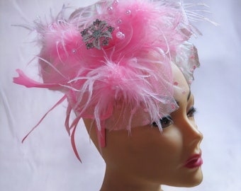 Pink Fascinator Hat, Ostrich Feathers,  Kentucky Derby, Tea Party Hat, Wedding Church Bridal, Easter, Headband, vintage rhinestone