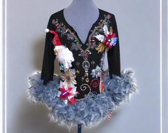 Ohh la..la. Glam Bedazzled Tacky Ugly Christmas Sweater,  Medium sweater, Santa, Reindeer, silver feather boa trim Elegant Ugly