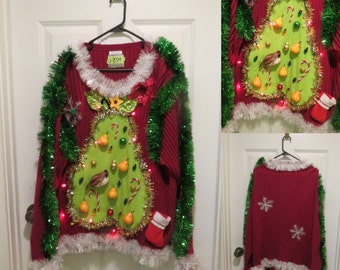 Hilarious Partridge in a "Pear" Tree Tacky Ugly Christmas Sweater  Mens Garland, Pears size S, M, L, XL, XXl, 3x, Made to Order