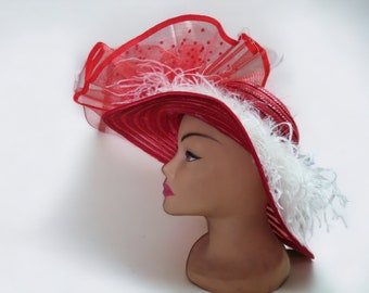 EUC vintage brimmed hat with netting - white with red accents and feathers Accessories | Euc Vintage Brimmed Hat With Netting White  main image 2