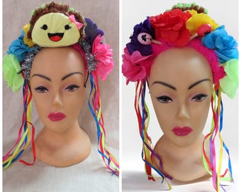 Fun Cinco de Mayo Flower Headband Crown, Taco headpiece, Mini Maracas, Colorful Floral Headband