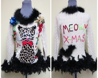 3-D Fuzzy Furry  Leopard Kitty Cat HILARIOUS Tacky Ugly Christmas Sweater Feather size SMALL, Black feather boa Trim