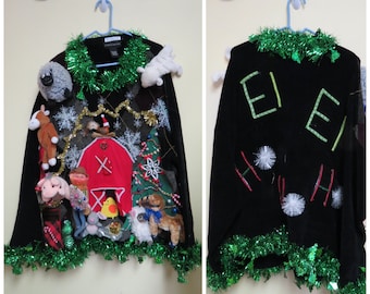 Down on the Farm Christmas Sweater- Country Tacky Ugly Christmas Sweater Animal Friends Pig, sheep, Cow, chicken  XXL