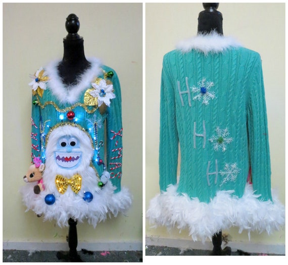 Yeti Abominable Snowman Sweater Tacky Ugly Christmas Sweater Gorgeous Fun Fun Sweater Feather Boa Trim Etsy