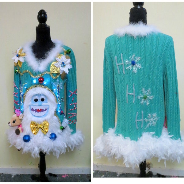 Yeti Abominable Snowman Sweater,  Tacky Ugly Christmas Sweater, Gorgeous Fun, Fun Sweater, Feather Boa Trim