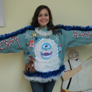 Custom 3-D Furry Fuzzy Furry The Abominable  Snowman & Reindeer Tacky Ugly Christmas Sweater