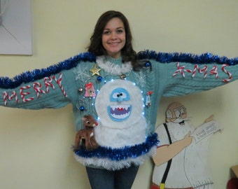 Custom 3-D Furry Fuzzy Furry The Abominable  Snowman & Reindeer Tacky Ugly Christmas Sweater