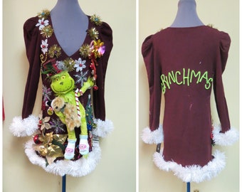 3-D Tacky Ugly Christmas Sweater Dress, Epic Christmas Diva Size Large Sweater, Christmas Dress, Funny Christmas Sweater,
