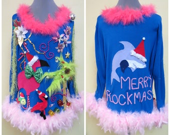 Tropical Tacky Ugly Christmas Sweater Funny Christmas Sweater, Womens Large, Flock of Flamingos Sweater, Flockmas Sweater