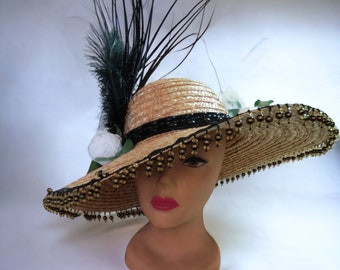 Straw Hat, Embellished black with cream roses,  Fun and Festive,  Roses,  Feathers  Kentucky Derby, Tea Party, Church Hat,