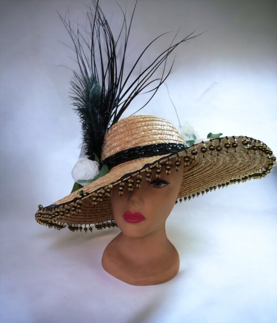 Straw Hat, Embellished Black With Cream Roses, Fun and  display picture 1