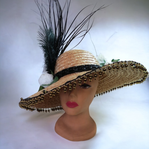 Straw Hat, Embellished black with cream roses,  Fun and Festive,  Roses,  Feathers  Kentucky Derby, Tea Party, Church Hat,