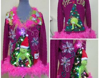 PINK Hysterical Double sided Tacky Ugly Christmas Sweater Light Up,  Festive Fun,  feather foo foo trim, Light up Trees, Funny