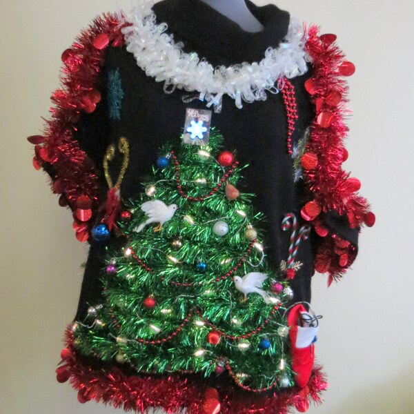 2 Turtle Doves in a Christmas Tree Tacky Ugly Christmas Sweater  Light UP  Feathers size 2X FESTIVE