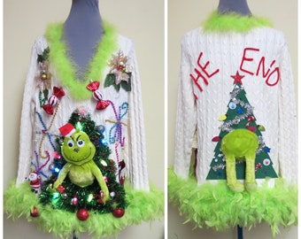 Hysterical Double sided Tacky Ugly Christmas Sweater   Festive Fun, Womens  XXLarge feather foo foo trim, Christmas Tree, Funny