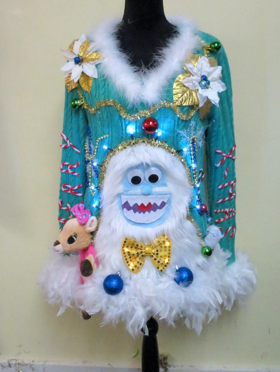 Yeti Abominable Snowman Sweater,  Tacky Ugly Christmas Sweater, Gorgeous Fun, Fun Sweater, Feather Boa Trim